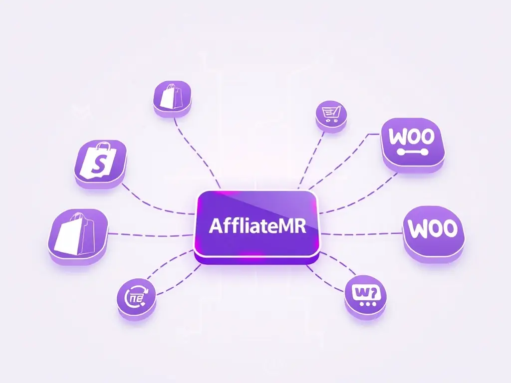An illustrative graphic showing data flowing between AffiliateMR and various eCommerce platforms, highlighting the automated data exchange.